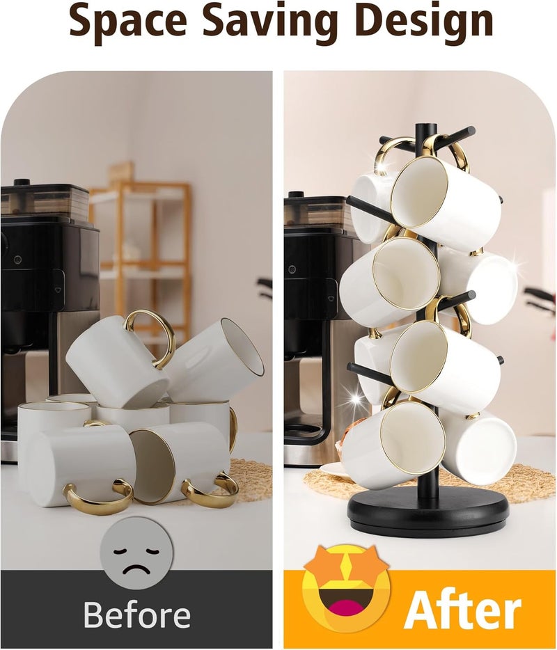 Lorbro Coffee Mug Tree, 360° Rotated Mug Holder with 8 Hooks, Wooden Coffee Cup Holder Rack Stand Accessories for Countertop Kitchen Decor Organizer - Image 5